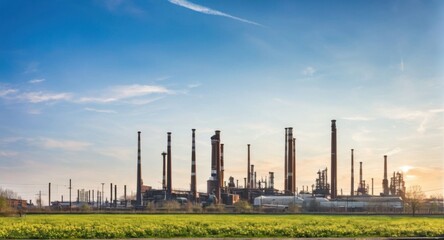 Bright sky highlighting smokestacks, creating a stark industrial scene.