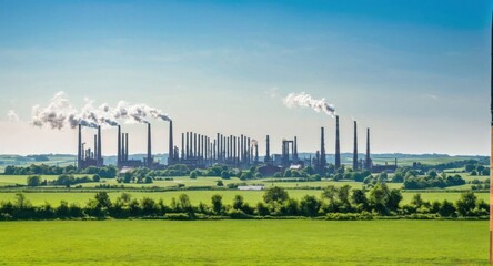 Bright sky highlighting smokestacks, creating a stark industrial scene.