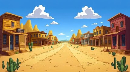 Cartoon Wild West Town Landscape with Dusty Road and Saloon Buildings