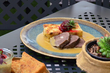 traditional Czech food served in a restaurant, beef or venison cream sauce, dumpling, cranberries