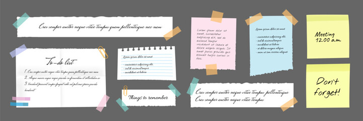 Paper sticky notes. Memo messages. Notepads and torn paper sheets. Blank notepaper of meeting reminder, to do list and office notice.