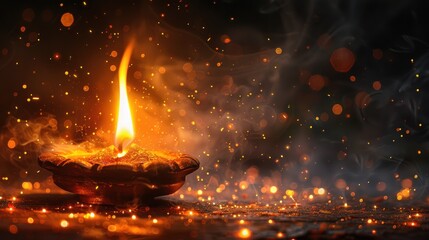 A glowing diya lightens up the dark ambiance with shimmering sparks and a warm, flickering flame. Generative AI
