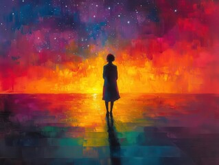Fototapeta premium colorful abstract portrait of abraham standing outdoors, gazing at a starry sky, symbolizing introspection and wonder in a vibrant, expressive painting style