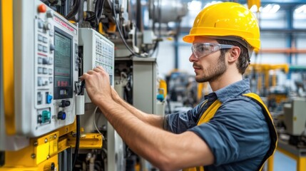 Injection molding operation in a state-of-the-art plastic factory, European engineer adjusting controls, highly detailed equipment, and precise technology