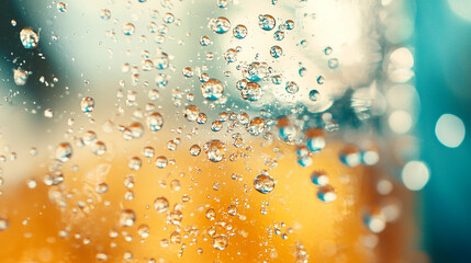 Carbonated bubbles bursting in a glass of soda refreshment