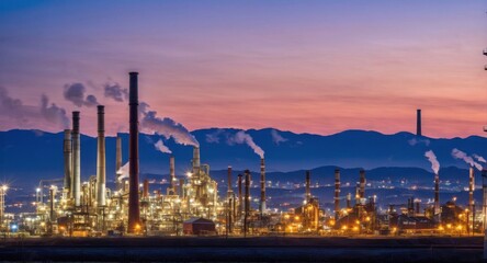 Bright sky highlighting smokestacks, creating a stark industrial scene.