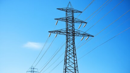 High Voltage Power Lines Against Clear Blue Sky