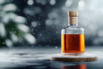 Whiskey bottle product rendering, front view, snowy background, snowflakes falling, dark gray gradient backdrop