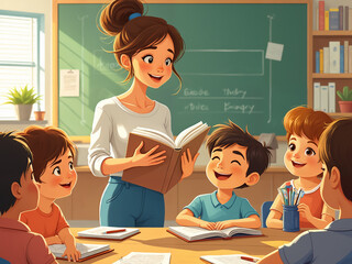Generated cartoon illustration of education service of elementary teacher, teaching students in the classroom.