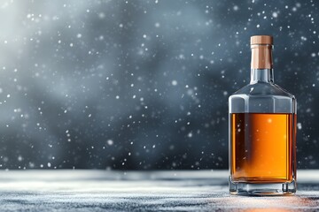 Whiskey bottle product rendering, front view, snowy background, snowflakes falling, dark gray gradient backdrop
