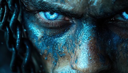 A close-up of the face and eyes of an ancient man covered in blue glowing chains