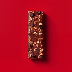 A single chocolate granola bar with nuts on a red background.