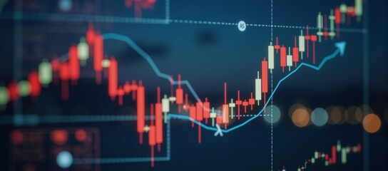 Obraz premium Digital art of a glossy cityscape-reflected stock market chart featuring candlestick patterns and global business graphics against a backdrop of soft blured city lights