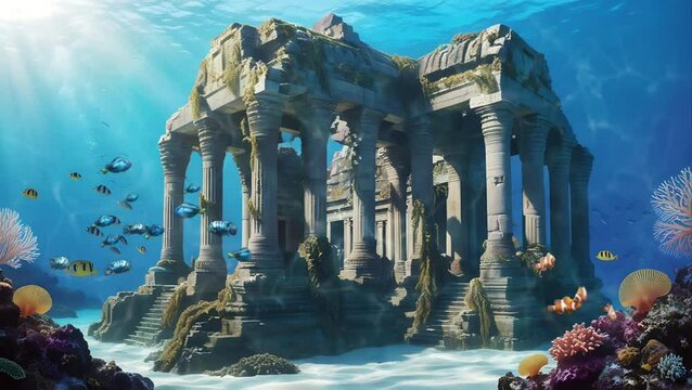A temple ruin at the bottom of the sea. Seamless 4K looping timelapse video animation background