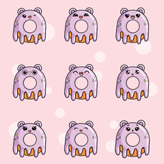 A funny set of purple cute donuts with kawaii ears. Dessert isolated vector illustration