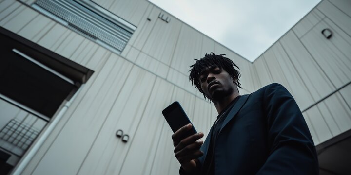 A man with dreadlocks is looking at his cell phone. He is wearing a suit and tie