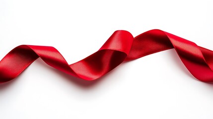 A red ribbon, smooth and shiny, is curled on a white background.

