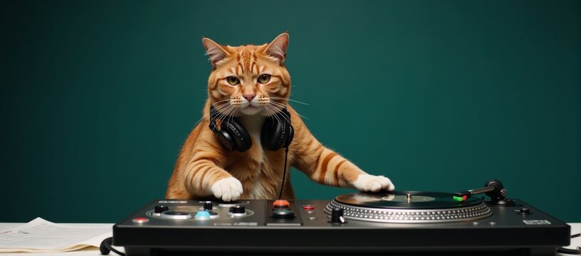 Cat spins tunes at teal-themed nightclub using turntables  mixer