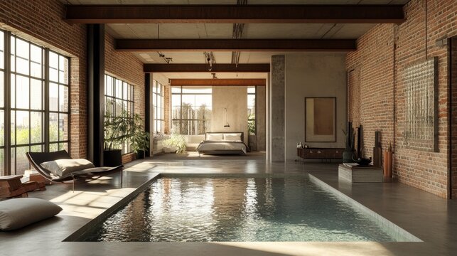 Urban industrial design, rusty metal beams, exposed brick, and a reflective pool seamlessly integrated into the concrete floor, minimal furniture