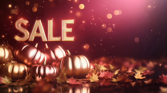 Glowing lights in shades of rose gold, sage green, and deep magenta, illuminating a pile of metallic pumpkins and golden leaves, sale banner