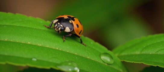 Naklejka premium Ladybug resting on green leaf