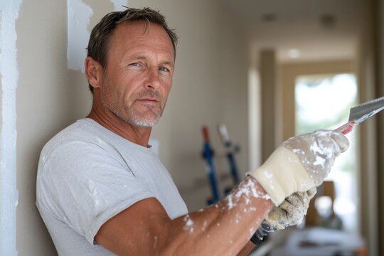 A mature man skillfully applies white paint to a wall, focusing on achieving a seamless finish. His expert technique demonstrates professionalism and creativity.