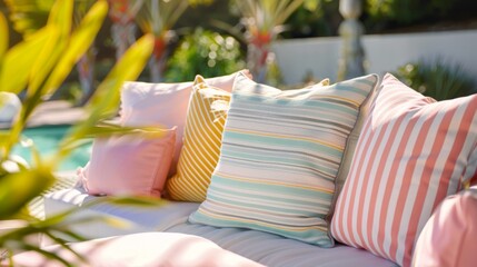 A sunny and inviting seating area with a combination of bold striped cushions and subtle pastel ones blending effortlessly with the natural surroundings.