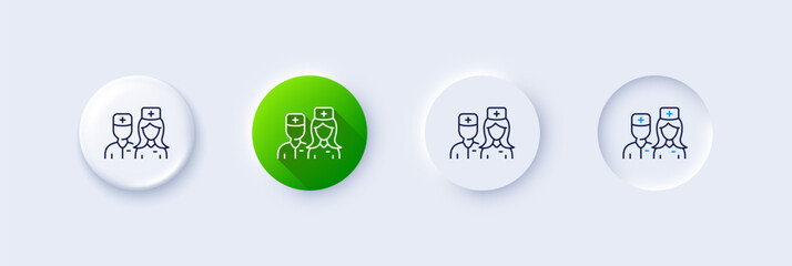 Doctor line icon. Neumorphic, Green gradient, 3d pin buttons. Surgeon with nurse sign. Medical staff symbol. Line icons. Neumorphic buttons with outline signs. Vector