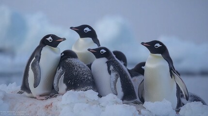 Obraz premium Cozy Penguins Huddled on Icy Landscape in Beautiful Antarctic Morning Light