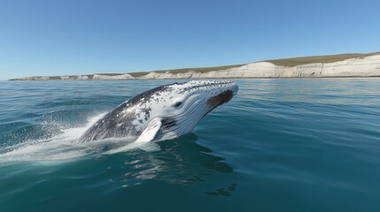 Fototapeta premium A whale breaching the surface near a coastal landscape.