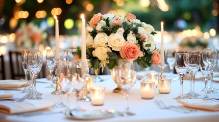 Romantic Wedding Table Decor with Flowers  Candles  and Wine Glasses