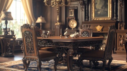 A beautiful wooden table and chairs with intricate carvings, placed in a richly decorated, luxurious room, ideal for premium decor content