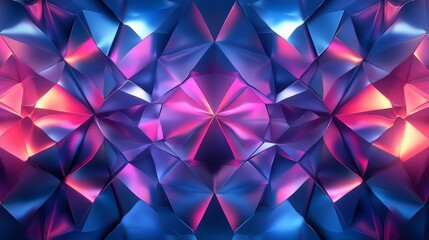 Vibrant 3D pattern of blue and pink trapeziums, arranged in a symmetrical layout with sharp edges and soft reflections, creating dynamic depth