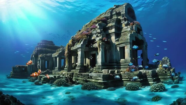 A temple ruin at the bottom of the sea. Seamless 4K looping timelapse video animation background