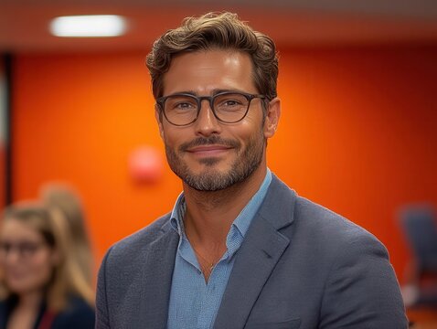 confident businessman presenting in a bright conference room, showcasing professionalism and leadership qualities, with engaging visuals and an audience captivated by his compelling message