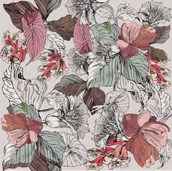 Seamless pattern with pastel pink flowers and leaves 