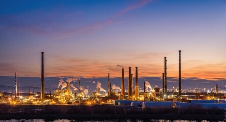 Bright sky highlighting smokestacks, creating a stark industrial scene.