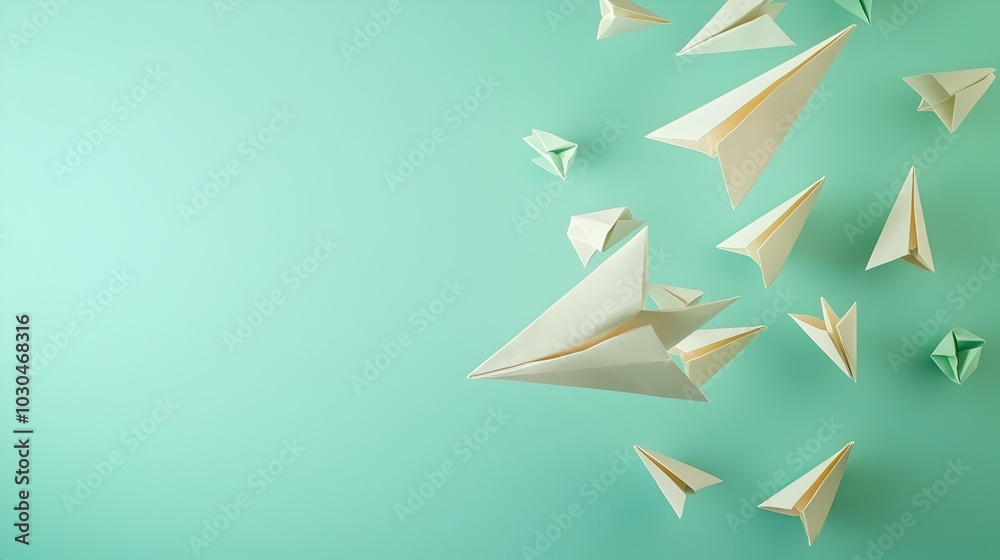 Wall mural floating origami paper arrows on pastel green background