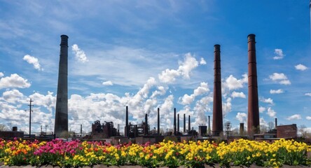Bright sky highlighting smokestacks, creating a stark industrial scene.