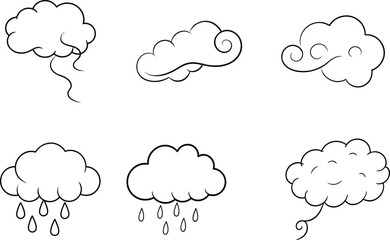 Six Hand-Drawn Clouds with Rain and Wind
