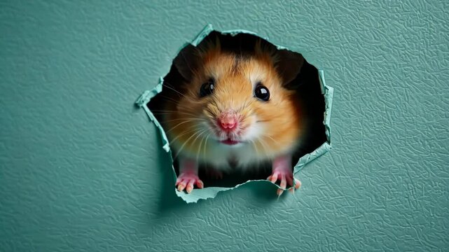 A small, brown hamster peeks through a hole in a teal wall