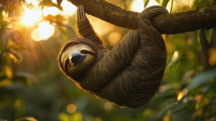 Sleepy Sloth Hanging Upside Down in a Tropical Forest at Sunset