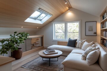 Fototapeta premium A modern attic nook features a comfortable sectional sofa under a skylight, with natural lighting and warm wooden accents creating a relaxing atmosphere.