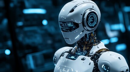 Futuristic White Robot with Glowing Blue Lights and Digital Display