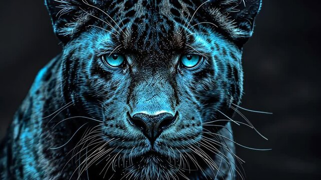 A black panther stares directly at the camera with bright blue eyes