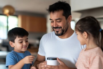 Fototapeta premium A father and his two children are engaging indoors with a cylindrical object, depicting a modern, happy family sharing quality time in a cozy home setting.
