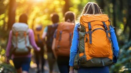 Obraz premium Hiking Group Backpackers in Forest Nature Trail Backpacking Adventure