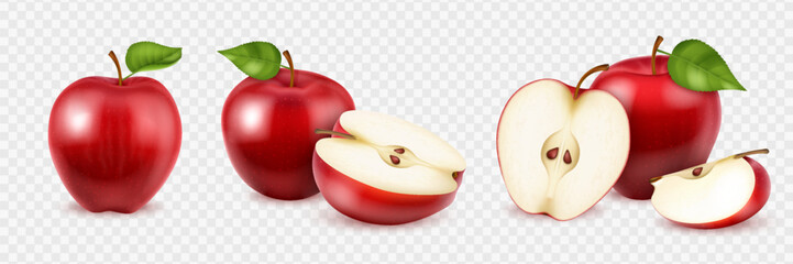 Realistic red apple fruits. Set of whole, slice and piece of fresh ripe apples with green leaves isolated on transparent background.