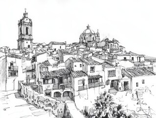 Andalusian Old Town Scene with Black and White Pen Details, Ideal for Travel or Cultural Projects Generative AI