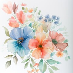 Soft Pastel Watercolor Floral Arrangements on White Background for Spring Decor or Wedding Invitations Generative AI